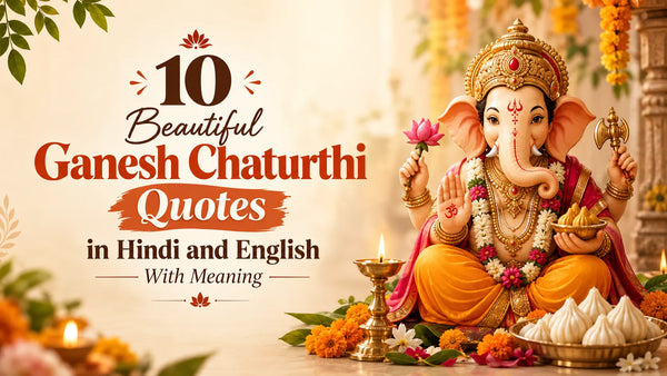 God Ganesha idol with modaks and festive decorations for Ganesh Chaturthi quotes in Hindi and English with meaning