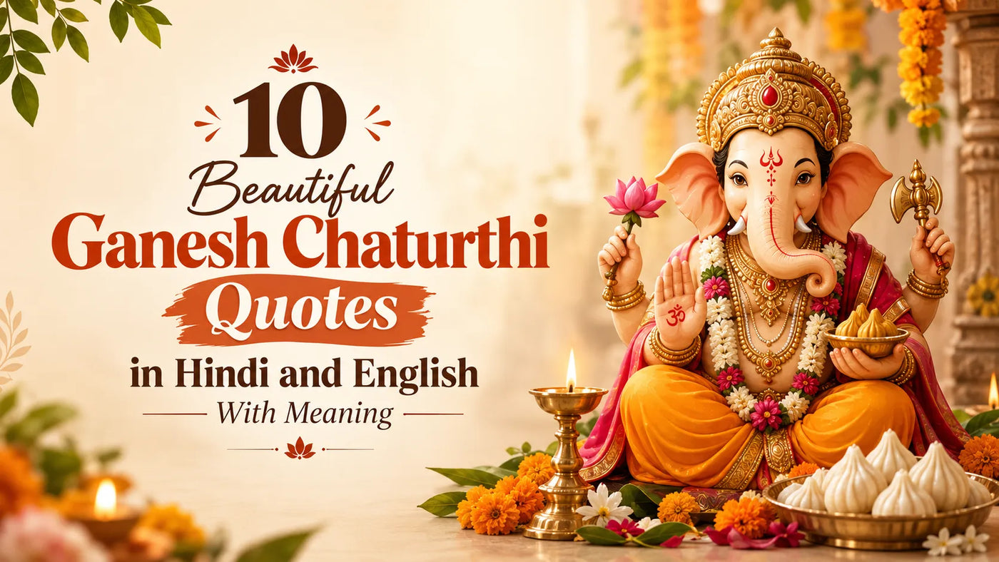God Ganesha idol with modaks and festive decorations for Ganesh Chaturthi quotes in Hindi and English with meaning