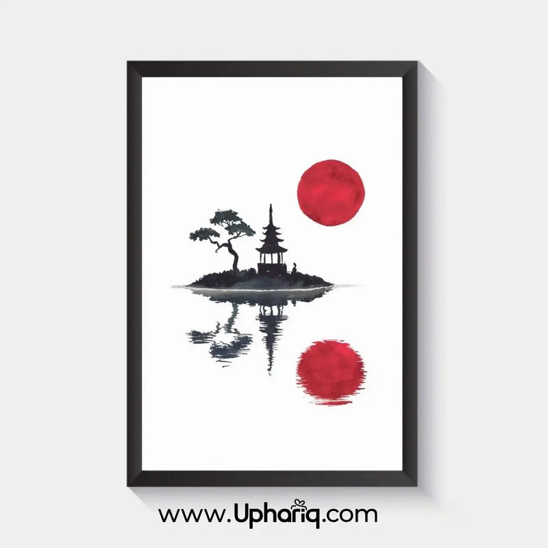 Japanese Red Sun Wall Art Poster & Photo Frame – Pagoda Design | 8x12 & 12x18 Inch