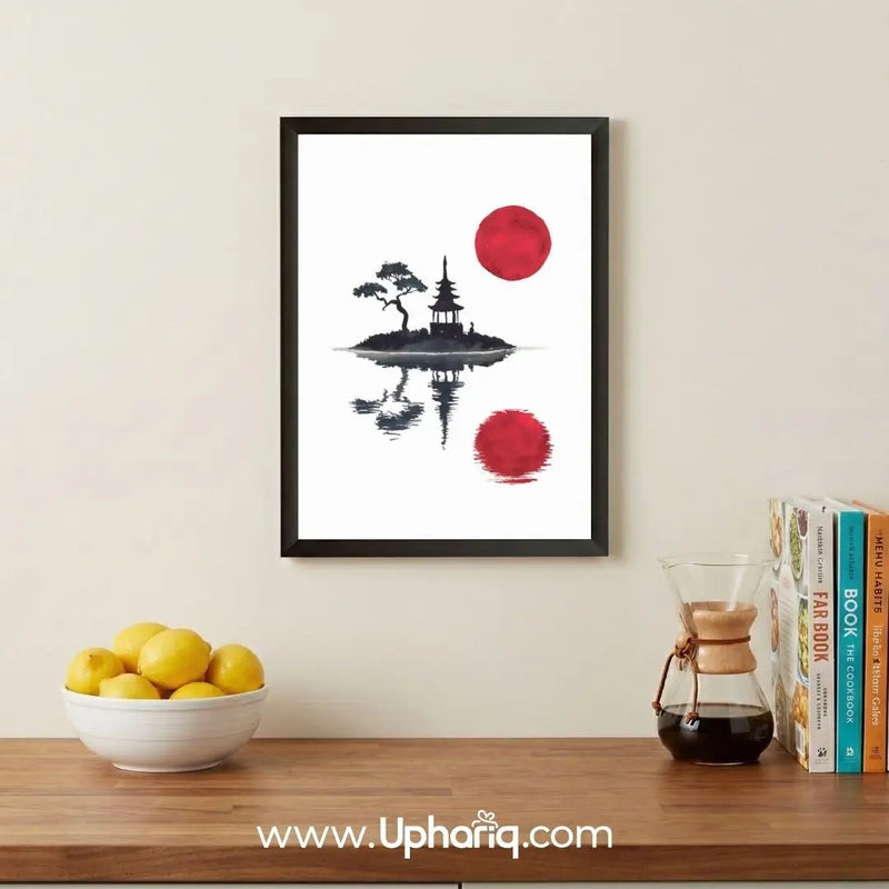 Japanese Red Sun Wall Art Poster & Photo Frame – Pagoda Design | 8x12 & 12x18 Inch