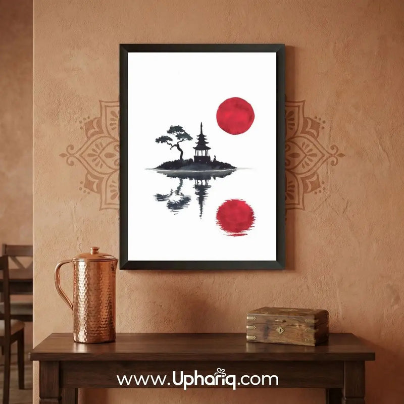 Japanese Red Sun Wall Art Poster & Photo Frame – Pagoda Design | 8x12 & 12x18 Inch