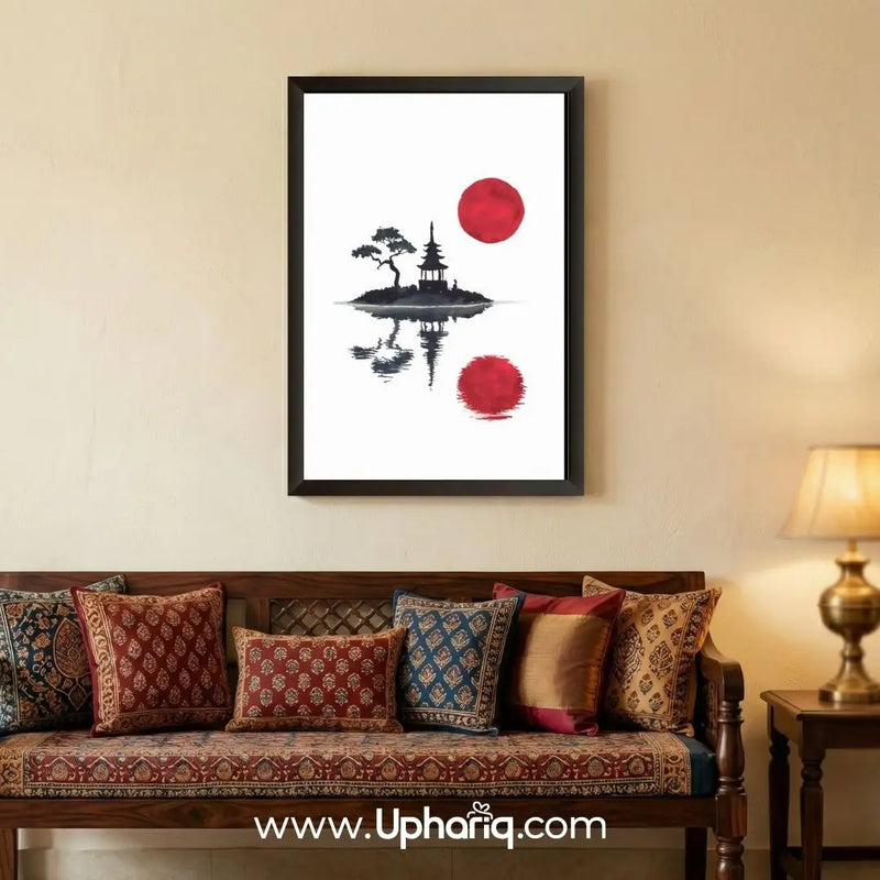 Japanese Red Sun Wall Art Poster & Photo Frame – Pagoda Design | 8x12 & 12x18 Inch