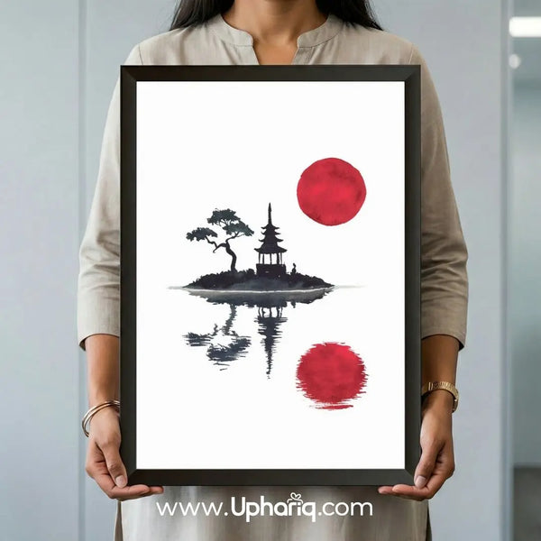 Japanese Red Sun Wall Art Poster & Photo Frame – Pagoda Design | 8x12 & 12x18 Inch