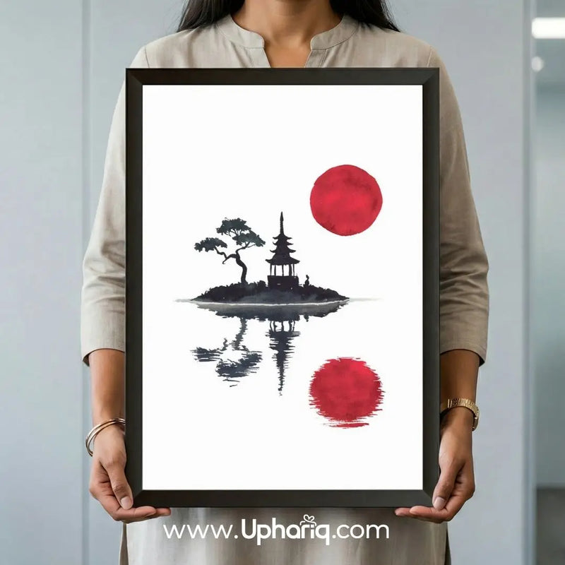 Japanese Red Sun Wall Art Poster & Photo Frame – Pagoda Design | 8x12 & 12x18 Inch