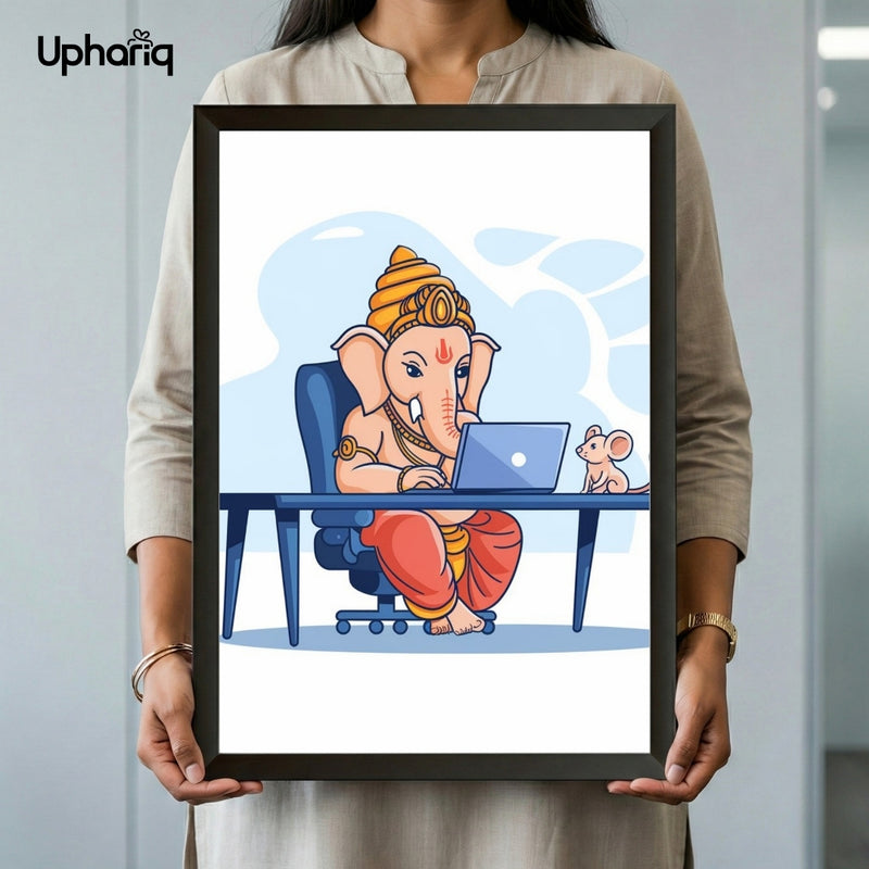 Ganesh Working on Laptop Photo Frame for Office Wall Decor