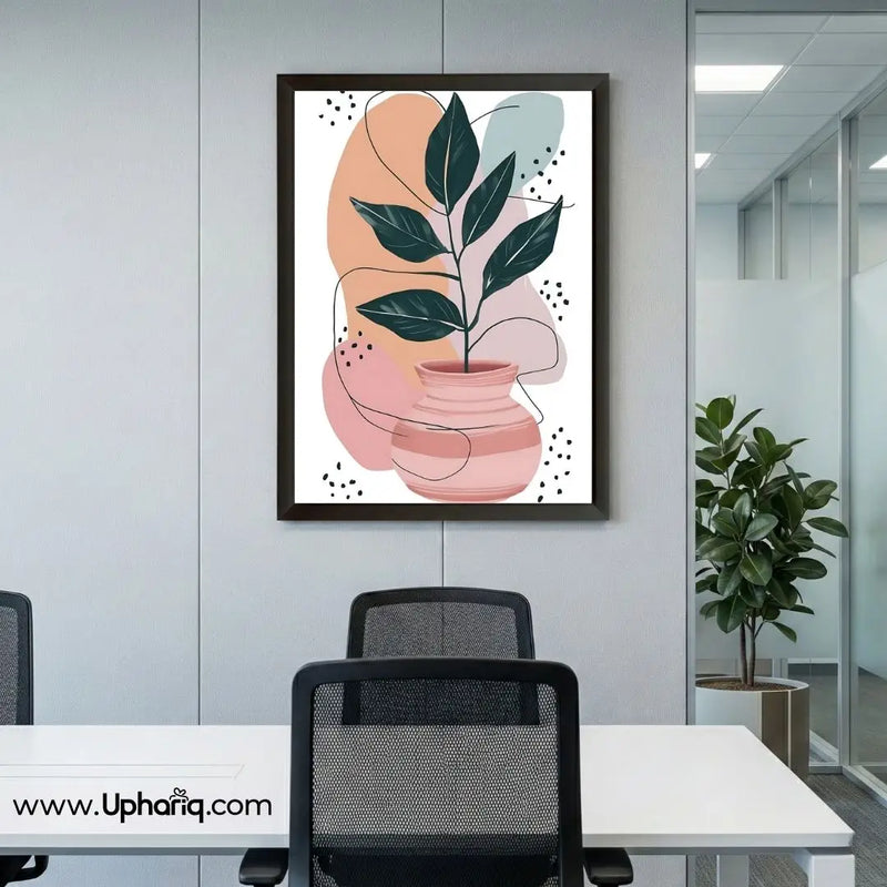Modern abstract botanical leaf vase wall art displayed in a contemporary office meeting room with minimalist décor.