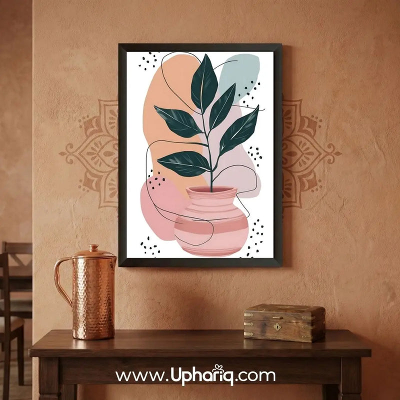 Abstract botanical leaf vase wall art decorating a traditional Indian living room with wooden furniture and warm earthy interiors.