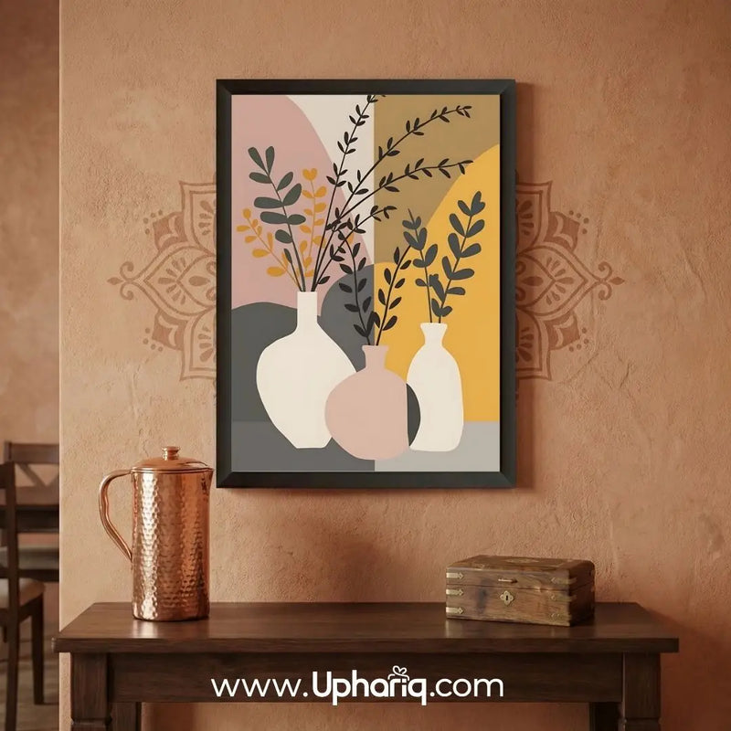 Abstract botanical vase wall art displayed above a wooden console table in a modern living room with minimalist décor.