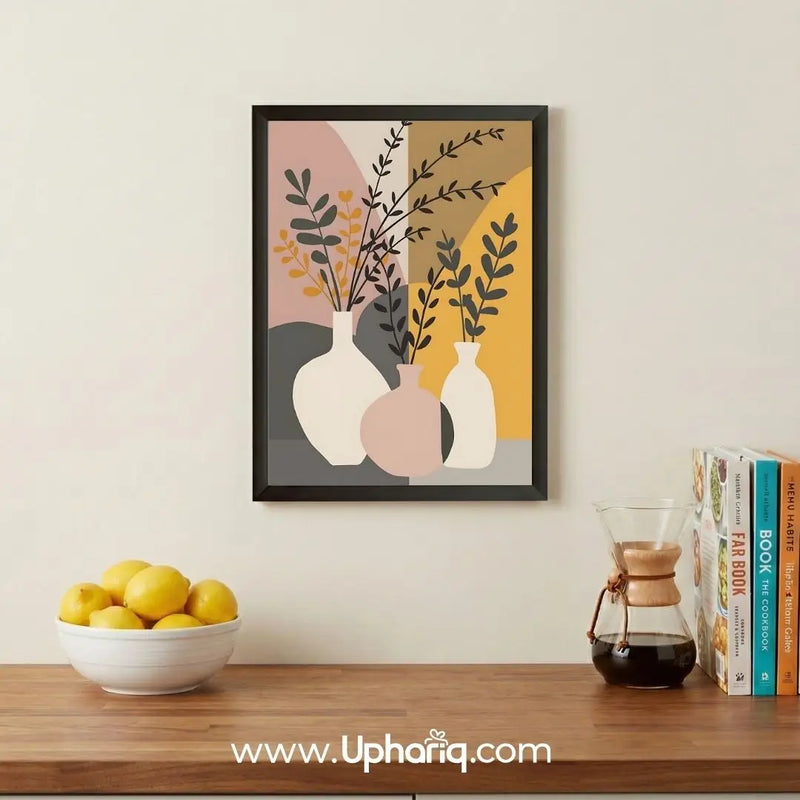 Abstract botanical vase wall art displayed above a wooden console table in a modern living room with minimalist décor.