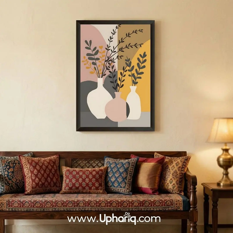 Elegant abstract botanical vase wall art adding warmth and contemporary style to a cozy bedroom interior.