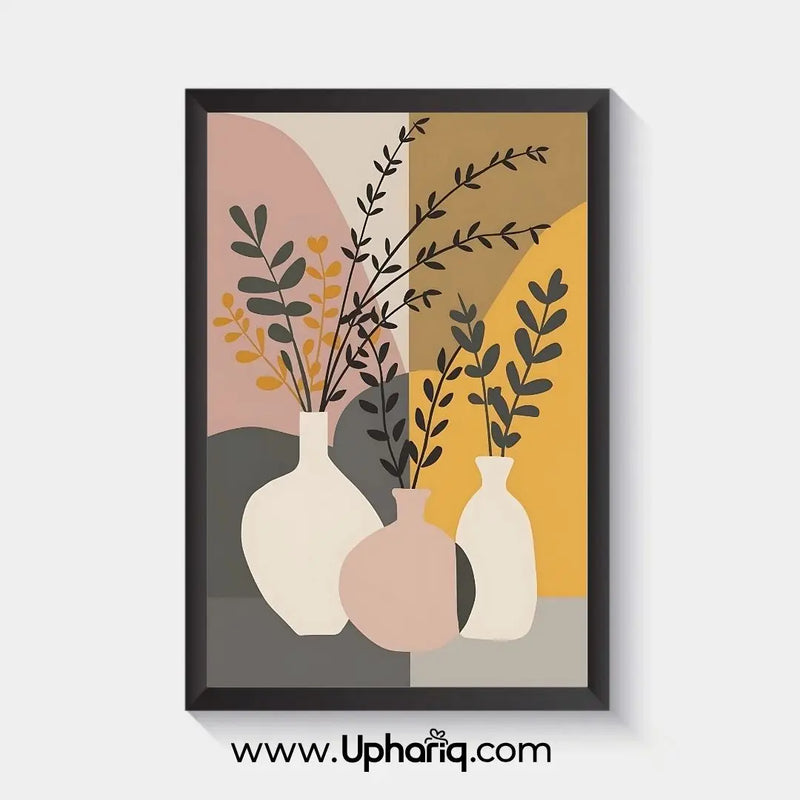Abstract botanical vase wall art print featuring modern floral branches and neutral earthy colors in a premium black frame.
