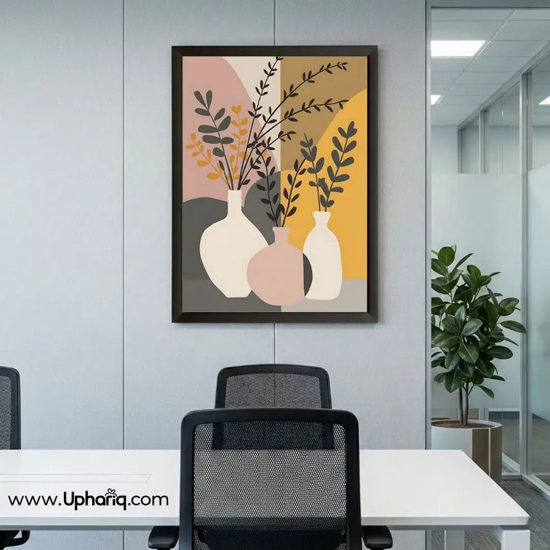 Abstract botanical vase wall art in a premium black frame enhancing a modern office and workspace interior.