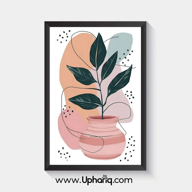 Abstract minimalist botanical leaf vase wall art in a premium black frame featuring modern pastel abstract shapes and green leaves.