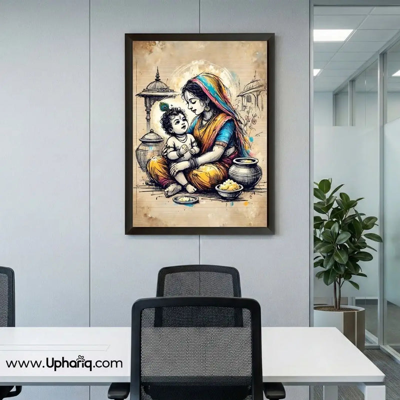 Baby Krishna Yashoda Maiya without glass photo frame mounted on grey wall in corporate office with black chairs and plant