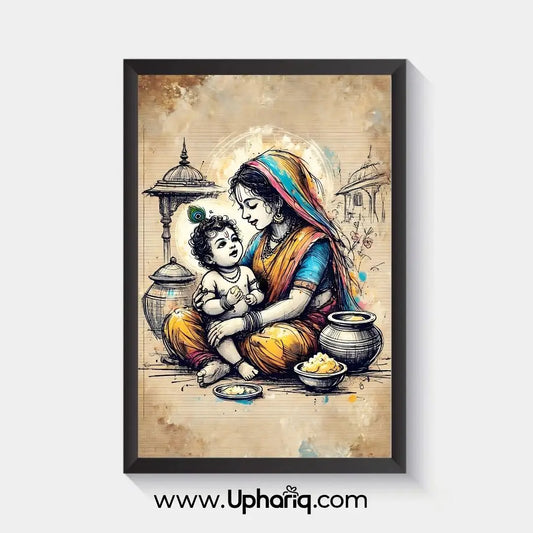 Bal Krishna Yashoda Maiya glassfree photo frame with 300 GSM matte print and black fiber border on clean white background