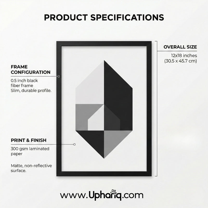 Bhagavad Gita photo frame specifications – 0.5 inch black fiber frame and 300 GSM laminated paper details