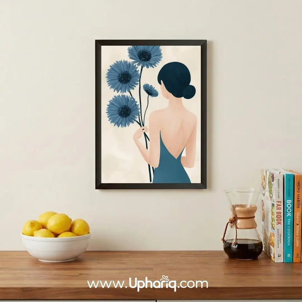 Blue Flower Woman Wall Art Frame (Modern Floral Wall Decor)
