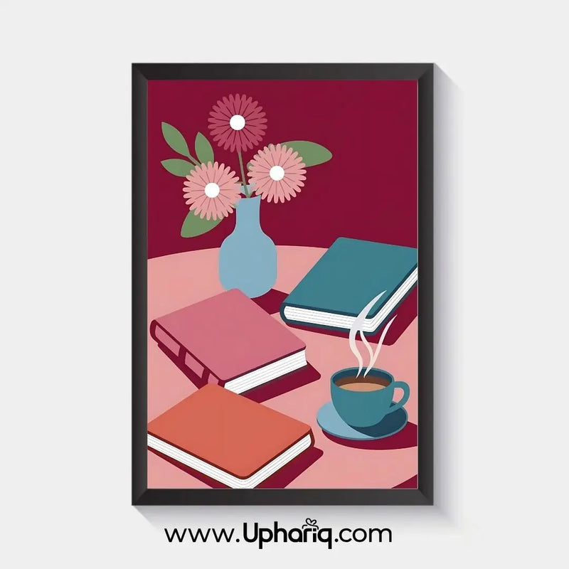 Books, coffee cup, and floral illustration wall art poster with a modern black frame for study room, reading nook, home office, and living room decor.