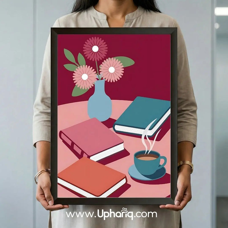 Close-up of the framed books, coffee cup, and floral illustration wall art with a sleek black frame, ideal for modern home and office decoration.