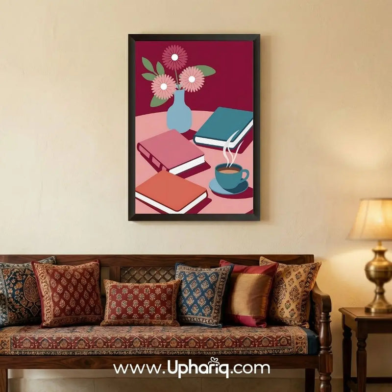 Framed books and coffee artwork adding a cozy and colorful touch to bedroom and lounge wall decor with modern floral accents.