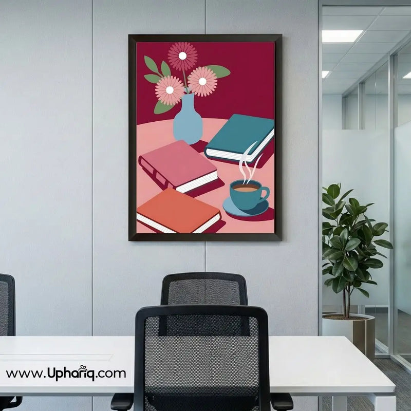Minimalist books and coffee wall art in a black frame for office walls, study spaces, libraries, and modern workspace decor.