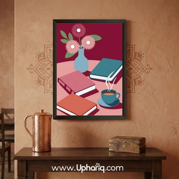 Books, Coffee & Floral Illustration Framed Wall Art | Modern Reading Nook Poster for Home & Office Decor