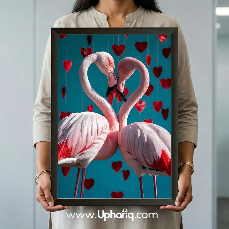 Flamingo Love Wall Art with two pink flamingos forming a heart shape in a black frame for modern home décor