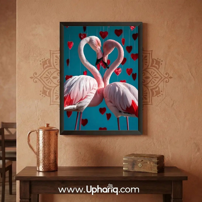 Flamingo Love Wall Painting placed in Indian home interior with wooden furniture and elegant wall décor styling