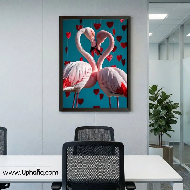 ramed Flamingo Love Wall Art displayed in a modern office workspace with contemporary interior décor