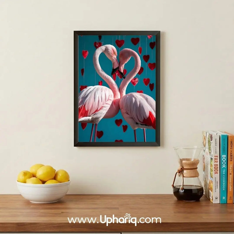 Flamingo Love Wall Art product specifications showing black fiber frame, laminated print finish, and wall painting details