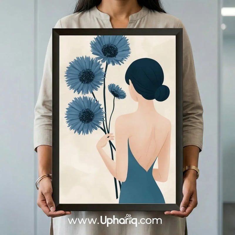 Framed blue flower artwork with woman illustration for gifting and room decoration