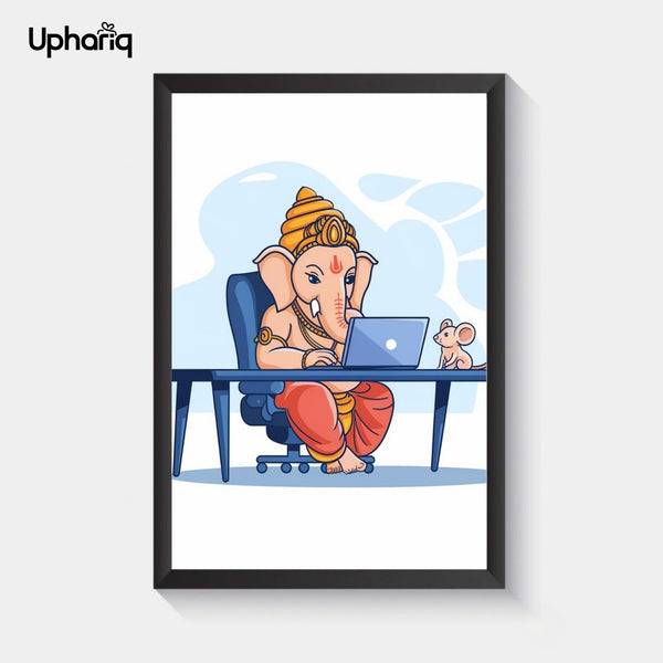 Ganesh Working on Laptop Photo Frame for Office Wall Decor