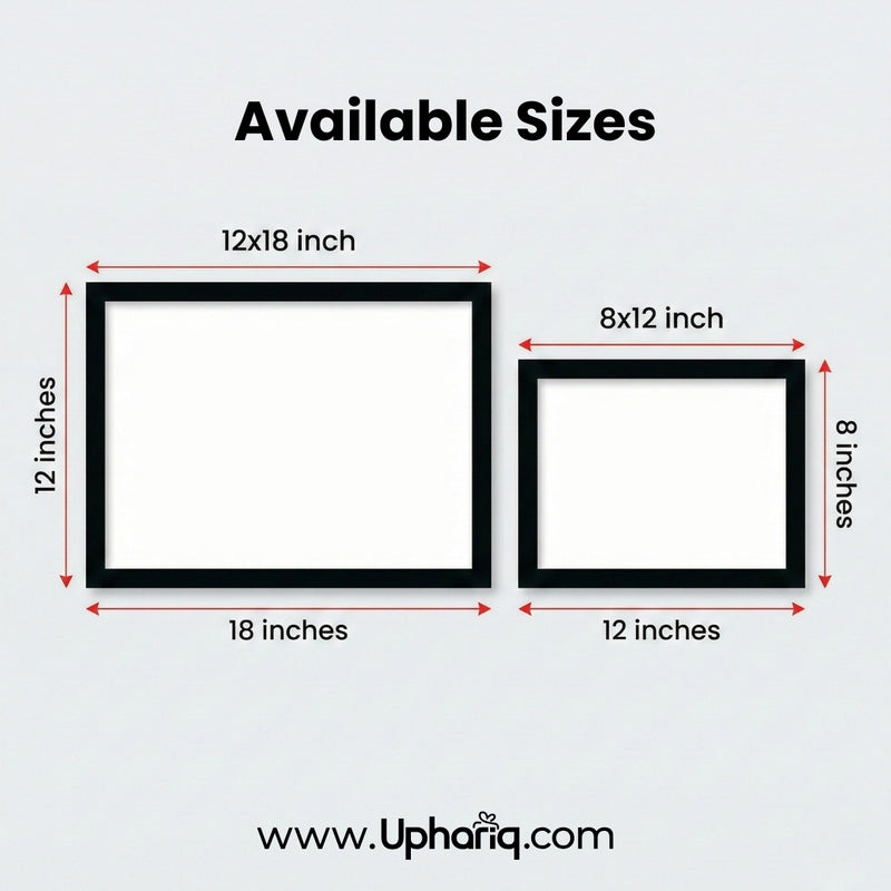 Bhagavad Gita photo frame size chart showing 12x18 inch and 8x12 inch available options
