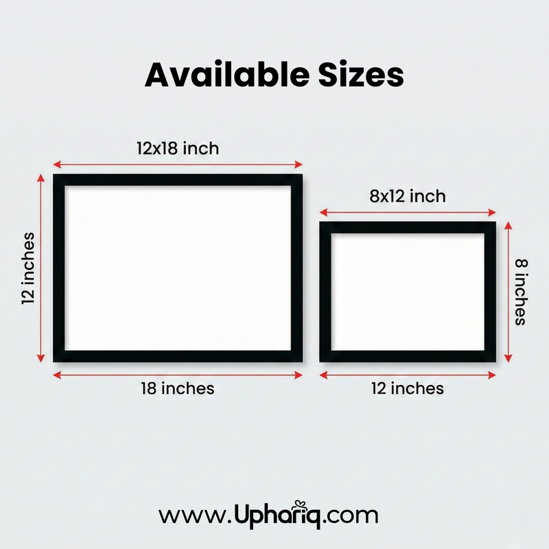 Hanuman Ji photo frame - size comparison chart showing 8x12 and 12x18 inches - online shopping context - available dimensions