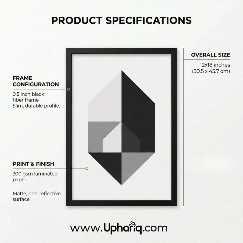 Product specification infographic of Krishna Yashoda photo frame showing 300 GSM matte paper, 0.5 inch black fiber and 12x18 inch overall size
