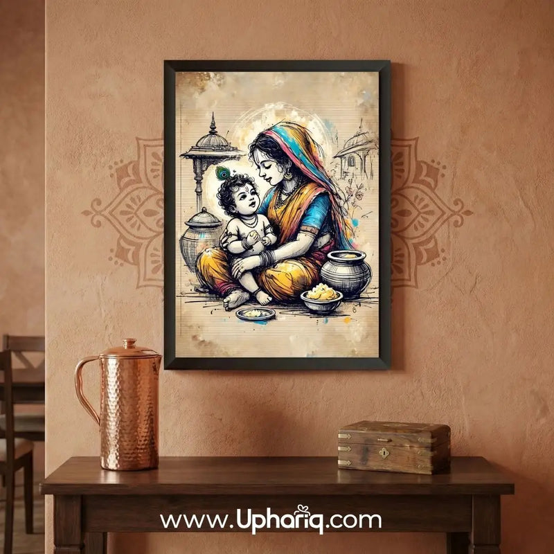 Laddu Gopal Yashoda photo frame on warm terracotta ethnic wall with copper jug and wooden box on table below