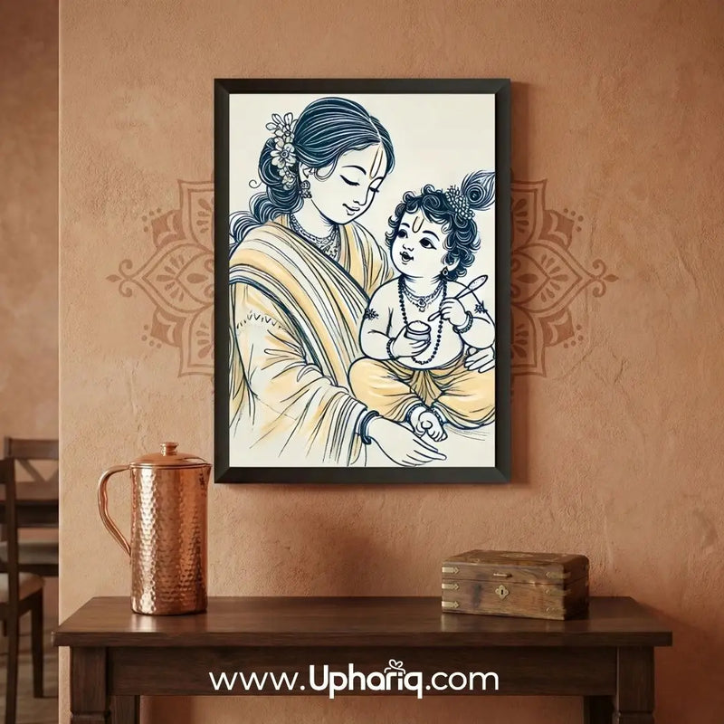Mata Yashoda Baby Krishna glassfree photo frame on terracotta textured wall with copper vessel and wooden box below
