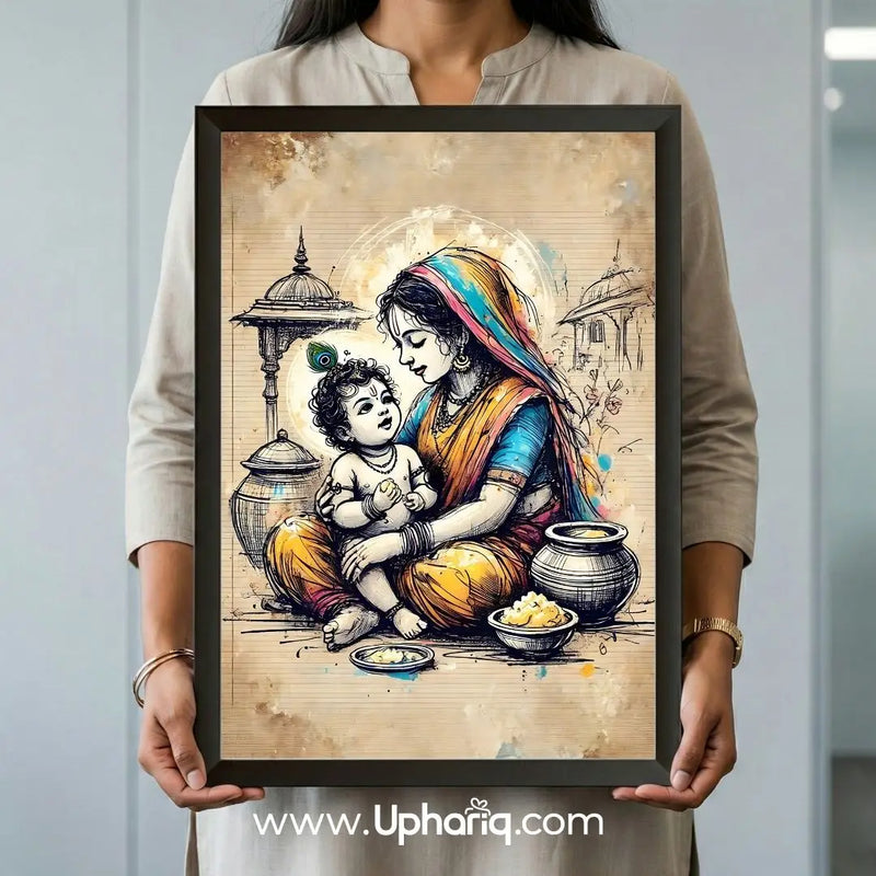 Indian woman holding Mata Yashoda Bal Krishna photo frame in both hands showing 12x18 inch actual frame size