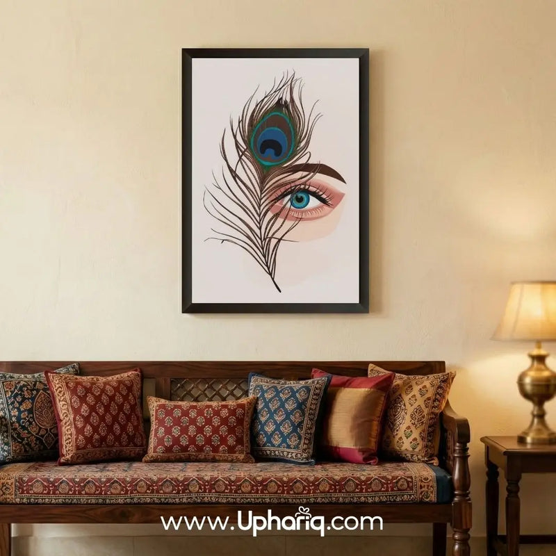 Peacock feather eye wall art frame displayed on a traditional Indian home wall with elegant living room decor