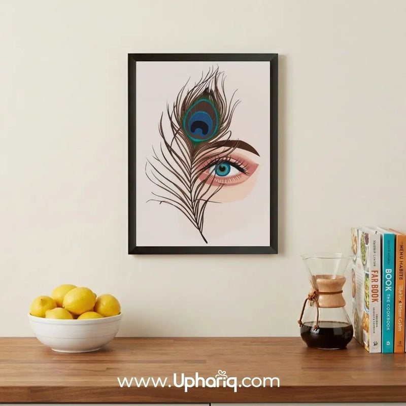 Peacock feather eye wall art for modern home decor with black frame on living room wall