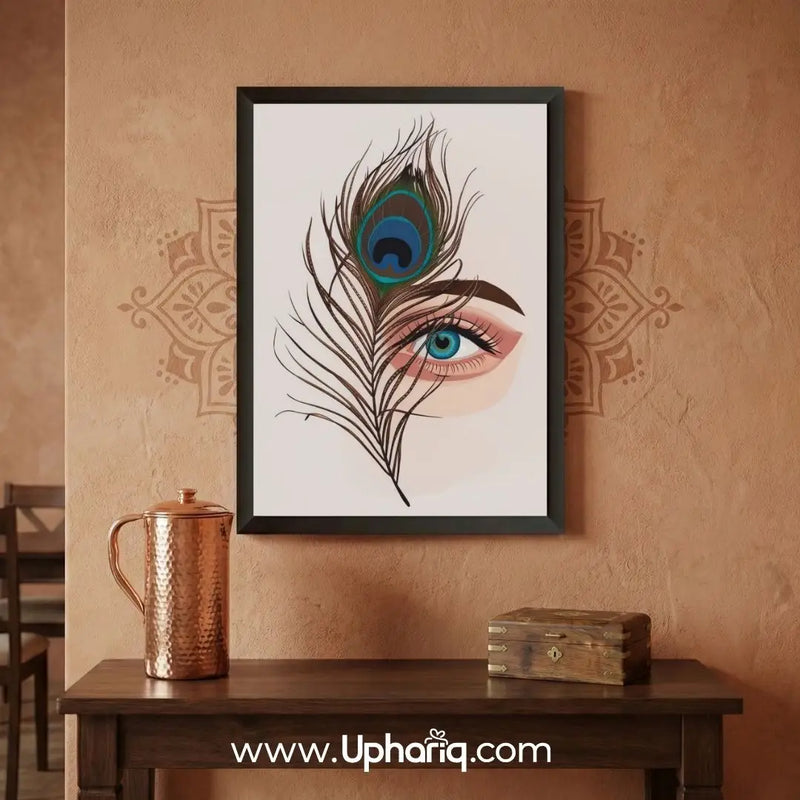 Peacock feather eye wall art print with blue feather detail and black frame