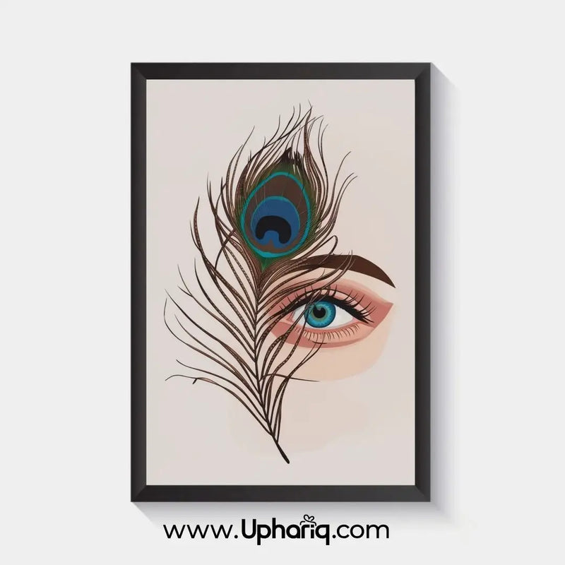 Peacock feather eye wall art print with blue feather detail and black frame