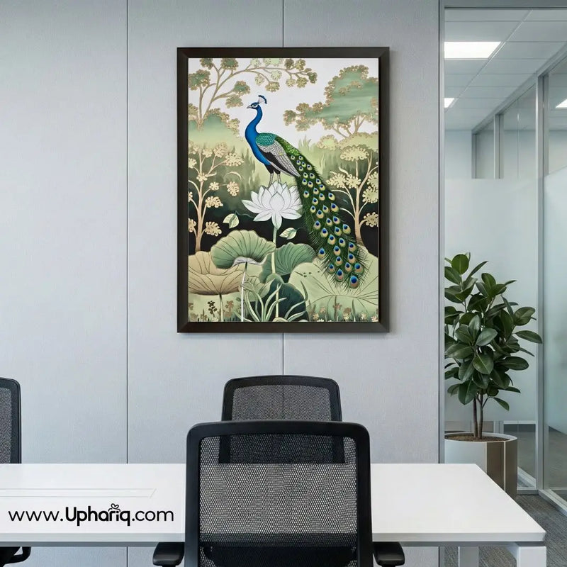 Modern peacock framed artwork used as office wall décor with elegant nature theme and premium black frame