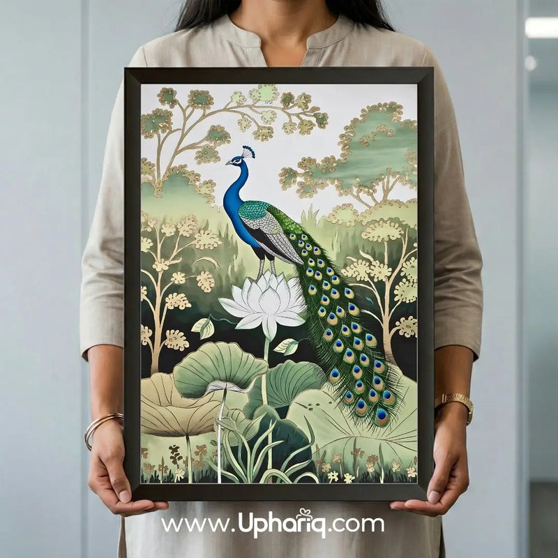 Close-up view of premium black frame and detailed peacock artwork finish for wall decoration
