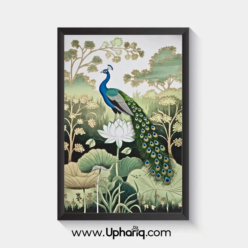Premium peacock and lotus framed wall art featuring a blue peacock in a nature landscape design with black frame for modern home décor