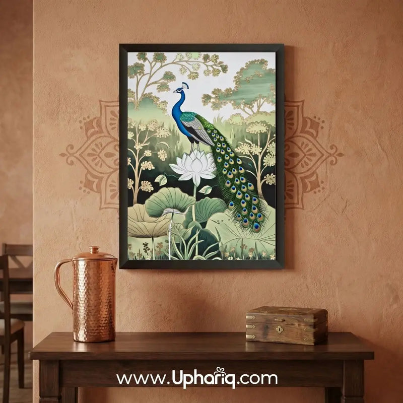 Peacock and lotus painting with black frame displayed on bedroom wall for traditional and modern interior décor
