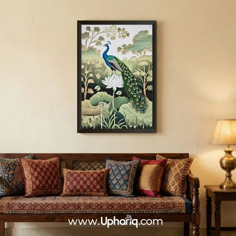Decorative peacock lotus wall art above sofa adding an artistic touch to home interiors