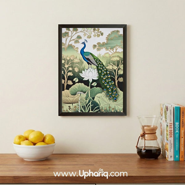 Peacock Photo Frame- Matte Laminate Indian Lotus Art Print | 8x12 and 12x18 Inch | Slim Black Fiber Frame | Uphariq