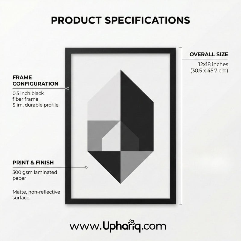 Peacock matte laminate photo frame product specifications infographic showing 0.5 inch black fiber frame, 300 gsm matte non-reflective laminated paper and 12x18 inch overall size with dimension callouts