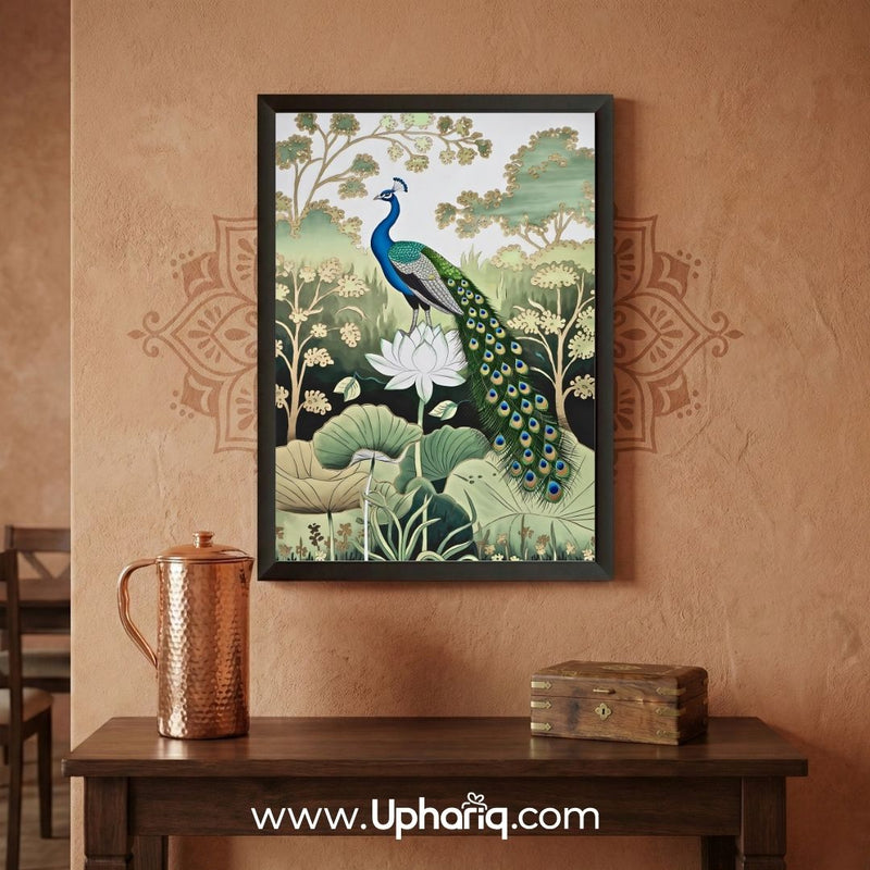 Peacock matte laminate photo frame on a textured terracotta wall above a dark wooden console with hammered copper jug and wooden box showing Indian traditional interior decor context